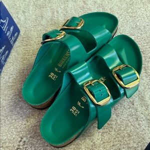 Birkenstock Emerald Green Arizona Sandals with Gold Buckles